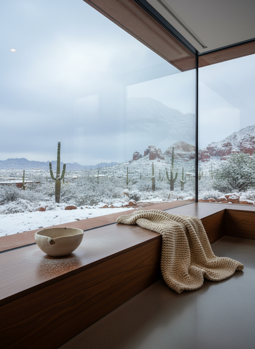 A snow-dusted Arizona landscape viewed through a modern custom home’s large, minimalist window. The interior foreground includes a dark wood windowsill adorned with a simple ceramic bowl and a cozy, cream-colored knit throw draped nearby. Gentle, diffused overcast light casts a subtle glow over the windowsill and softens the snowy scene outside, evoking warmth and comfort. Photographed from a low vantage, focusing on the inviting textures indoors contrasting with the serene winter backdrop, the image employs minimalist elements and understated gradients for a sophisticated, authentic mood reflective of the brand’s homey luxury values.