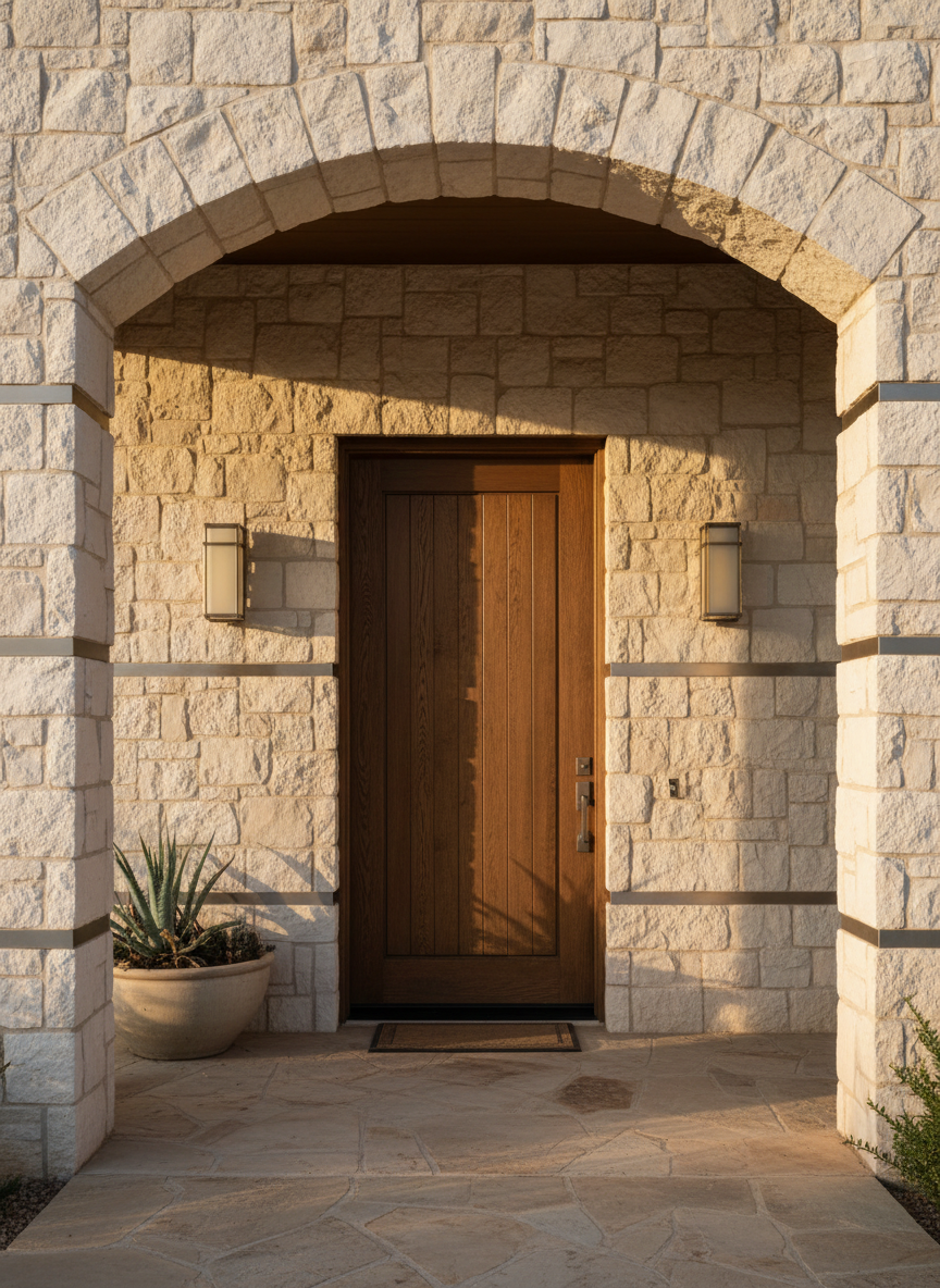 An inviting custom-built entryway featuring a solid oak front door with a rich, creamy dark brown stain, surrounded by creamy white stonework and subtle brushed metal accents. The door is set within a covered porch of gracefully stacked stones and elegant lighting, with warm golden hour sunlight filtering softly across the facade. The ambient glow casts gentle gradients on the textured materials, creating a sophisticated, homey atmosphere. The scene is photographed at eye-level, with a centered composition and sharp focus on the entry’s refined details. The muted, minimalist palette and photographic realism convey the luxury and warmth central to a family-run Arizona custom home builder.