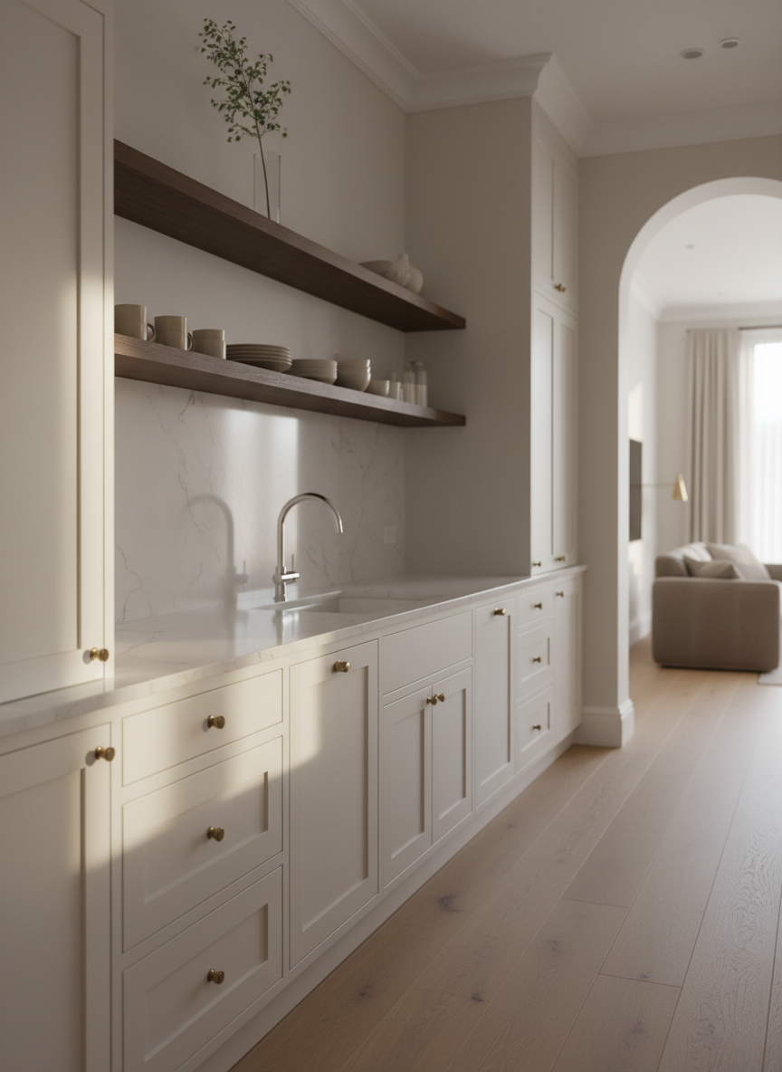 A meticulously crafted kitchen with custom cabinetry in matte creamy white, accented by dark brown hardwood open shelving and subtle brass hardware. The countertops feature smooth, understated marble with delicate veining, while a muted glass backsplash reflects soft, indirect afternoon sunlight. The space is styled with minimalist ceramics and a single elegant vase, emphasizing refined details. Shot from an eye-level, three-quarter angle to highlight the kitchen’s layout, the image balances sharp focus throughout with softly blurred background elements, embracing a cozy yet elevated mood in a minimalist, photographic style suited for a luxury home builder’s portfolio.