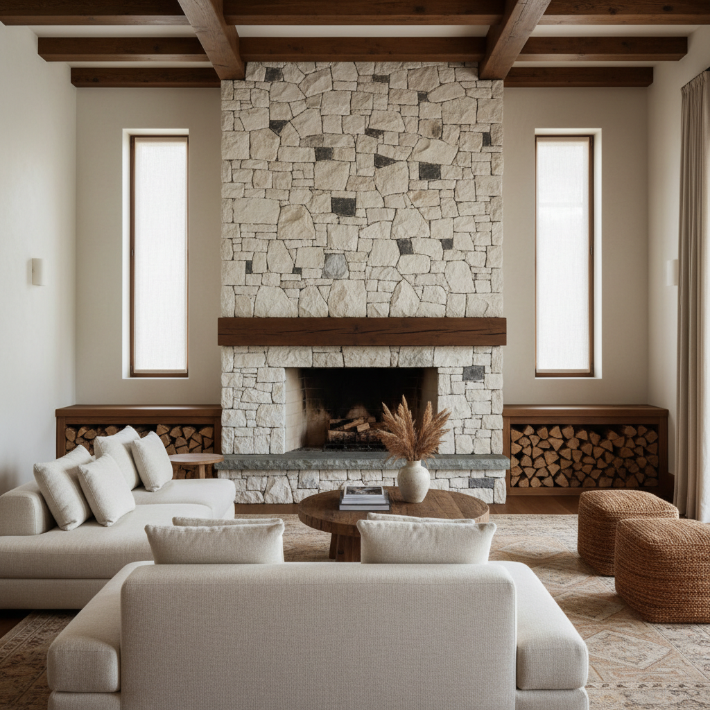 A luxurious yet cozy living room with an artisanal stone fireplace as its centerpiece, featuring creamy dark browns and chestnut-hued woods against creamy white plaster walls. Soft, minimalist furniture in muted earth tones—like a low-profile sofa and hand-woven rug—adds depth and refinement. The setting is gently illuminated by diffused natural light streaming through tall, understated windows, creating a serene and welcoming glow. Photographed from a wide, slightly elevated angle with careful composition on the fireplace, the image captures subtle gradients and elegant finishes in photographic realism, reflecting the sophisticated warmth of a Swisshouse-designed home.